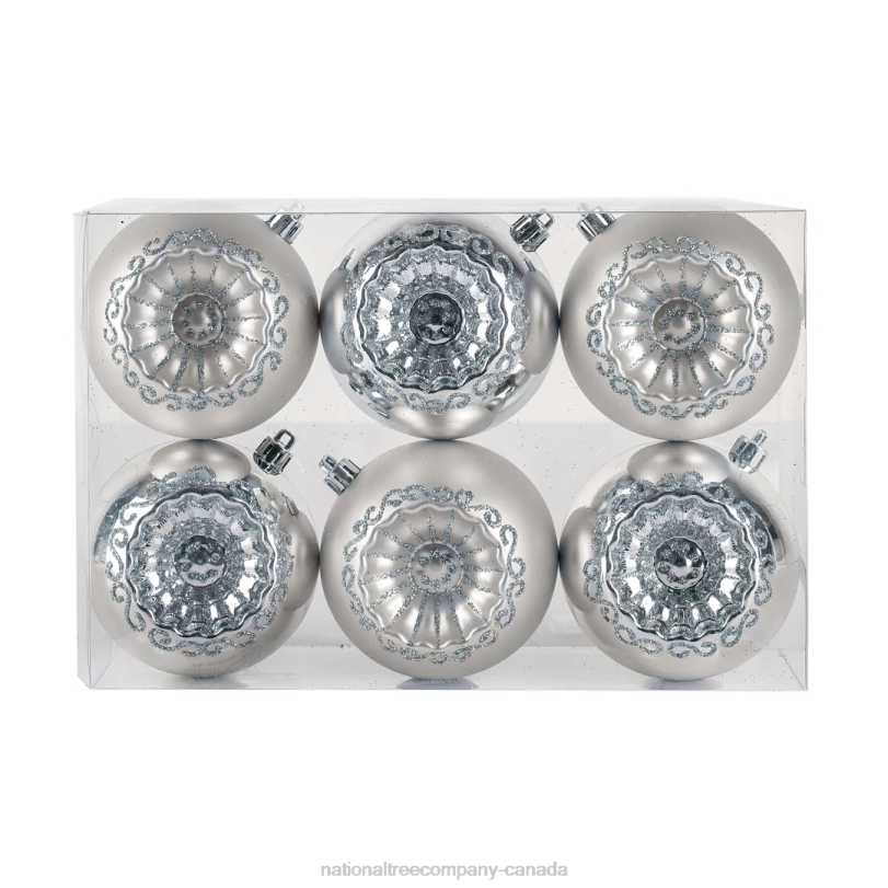 H4X0517National Tree Company First Traditions 6 Piece Shatterproof Glittering Silver Ornaments