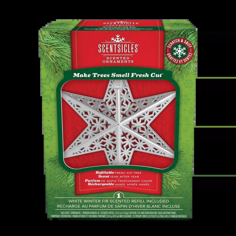 H4X0548National Tree Company Scentsicles Decorative Ornament, Metal White Star, White Winter Fir with Refill