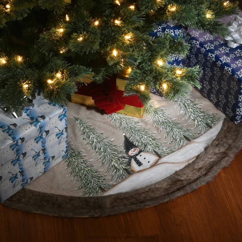 H4X0569National Tree Company 48in Alpine Collection Snowman and Pines Tree Skirt