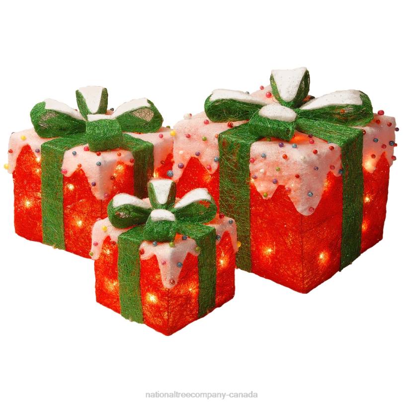 H4X0600National Tree Company Pre-Lit Red and White Gift Boxes, Set of Three, White Lights, Christmas Collection