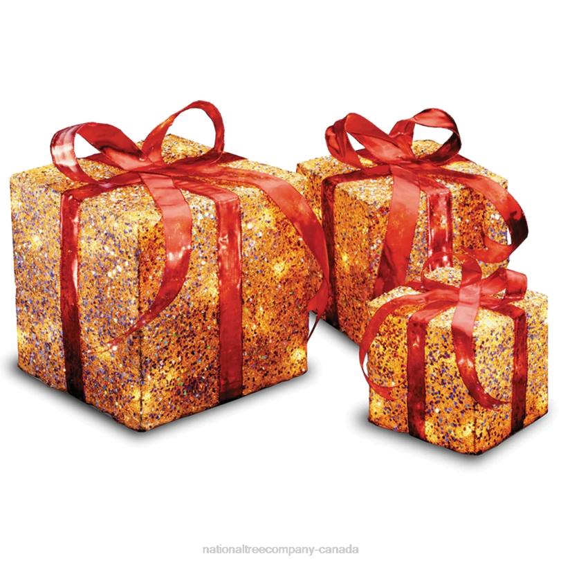 H4X0603National Tree Company Pre-Lit Red and Gold Gift Boxes, Set of Three, White Lights, Christmas Collection