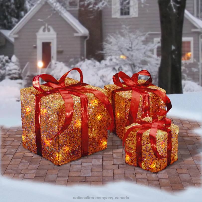 H4X0603National Tree Company Pre-Lit Red and Gold Gift Boxes, Set of Three, White Lights, Christmas Collection