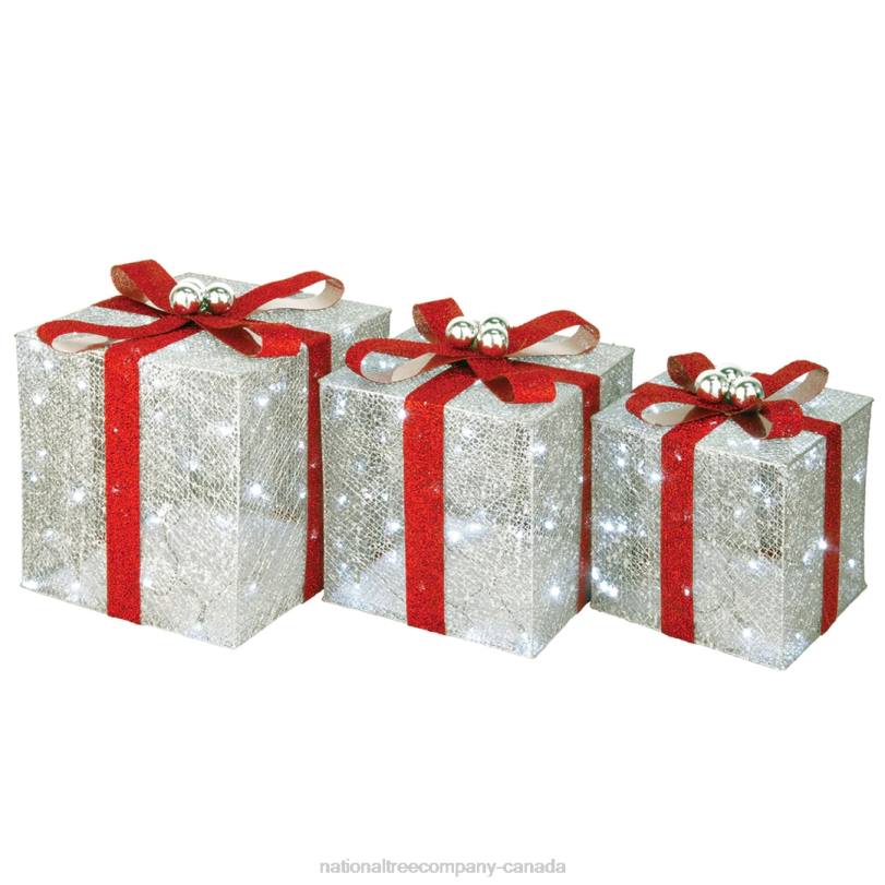 H4X0629National Tree Company Pre-Lit Silver Gift Boxes, Set of Three, White Lights, Christmas Collection