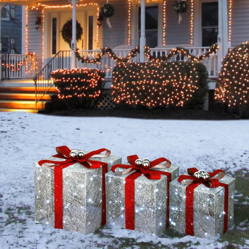 H4X0629National Tree Company Pre-Lit Silver Gift Boxes, Set of Three, White Lights, Christmas Collection