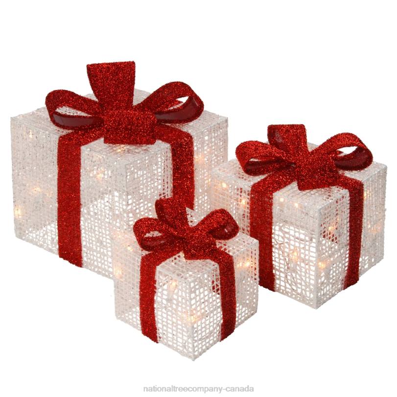 H4X0676National Tree Company Pre-Lit White Gift Boxes, Set of Three, White Lights, Christmas Collection