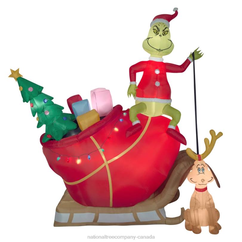 H4X0662National Tree Company Inflatable Grinch On Sleigh with Max, LED Lights, Plug In, Christmas Collection, 12 Feet