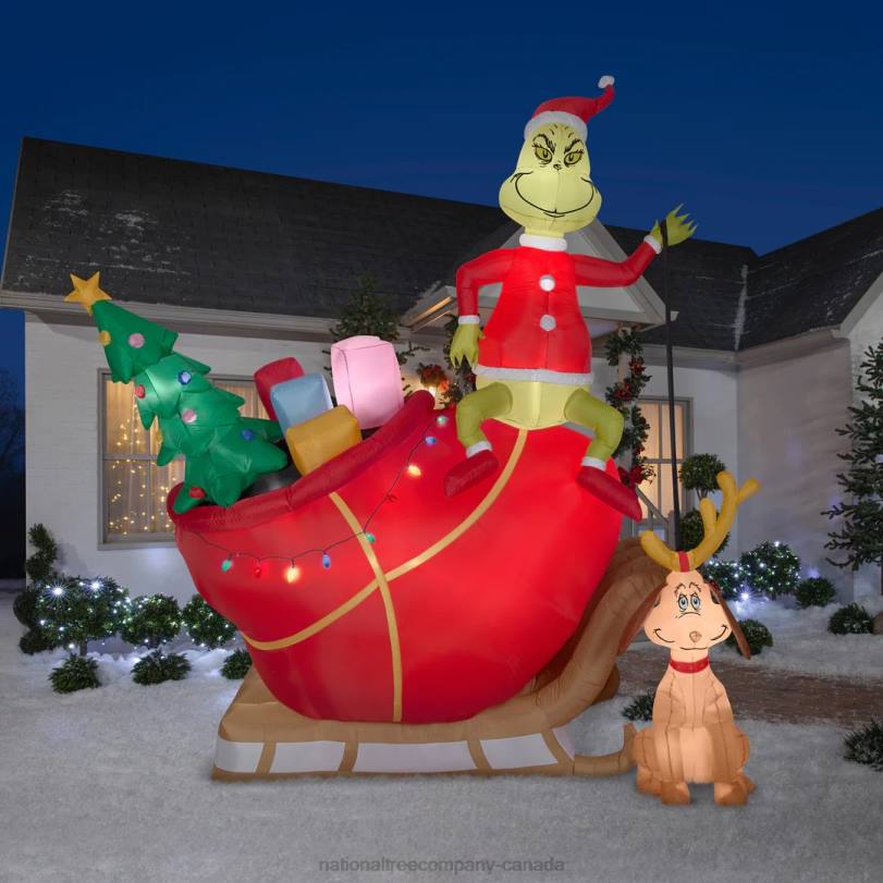 H4X0662National Tree Company Inflatable Grinch On Sleigh with Max, LED Lights, Plug In, Christmas Collection, 12 Feet