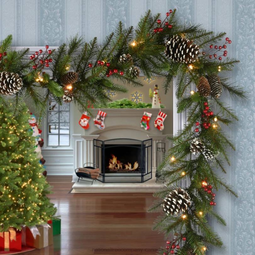 H4X0355National Tree Company Pre-Lit Artificial Christmas Garland, Green, Snowy Green, White Lights, Decorated With Pine Cones, Berry Clusters, Plug In, Christmas Collection, 6 Feet