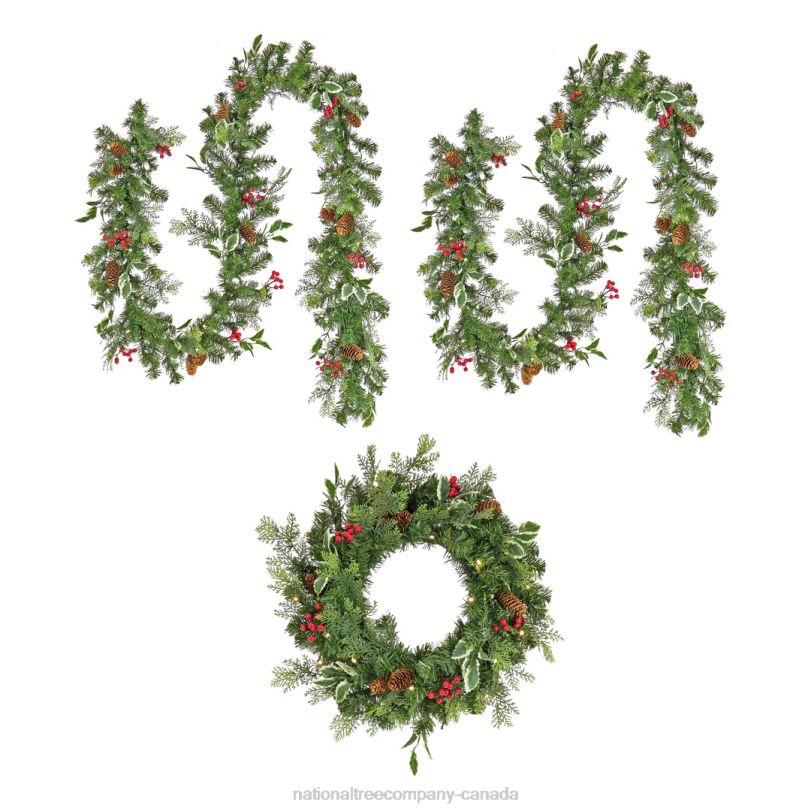 H4X0368National Tree Company First Traditions Collection Pre-Lit Holly Berry Wreath and Garland 3pc Set