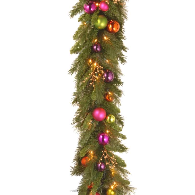 H4X0376National Tree Company Pre-Lit Artificial Christmas Garland, Green, Kaleidoscope, White Lights, Decorated With Ball Ornaments, Berry Clusters, Plug In, Christmas Collection, 6 Feet