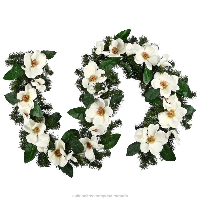 H4X0408National Tree Company Artificial Garland North Valley Spruce, Green, Decorated with Magnolia Flower Blooms, Christmas Collection, 6 Feet