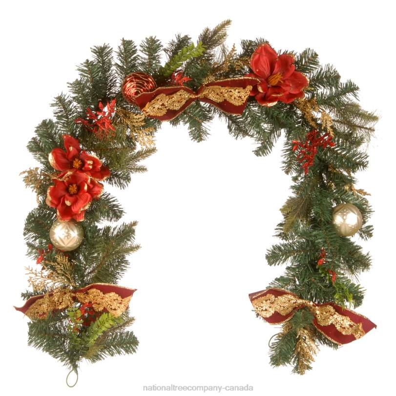 H4X0433National Tree Company Artificial Christmas Garland, Green, Evergeen, Decorated With Ball Ornaments, Poinsettia Flowers, Ribbon Bows, Plug In, Christmas Collection, 6 Feet