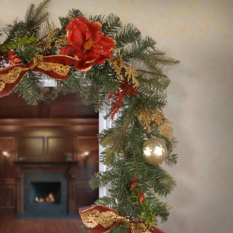 H4X0433National Tree Company Artificial Christmas Garland, Green, Evergeen, Decorated With Ball Ornaments, Poinsettia Flowers, Ribbon Bows, Plug In, Christmas Collection, 6 Feet