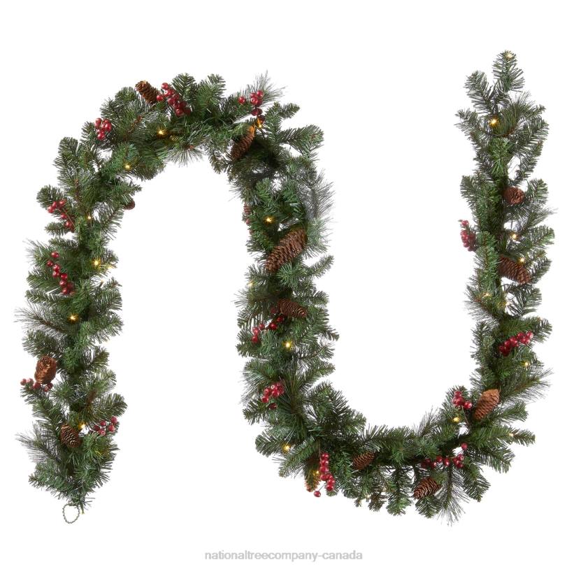 H4X0325National Tree Company Pre-Lit Artificial Christmas Garland, Green, Crestwood Spruce, White Lights, Decorated with Pine Cones, Berry Clusters, Plug In, Christmas Collection, 9 Feet