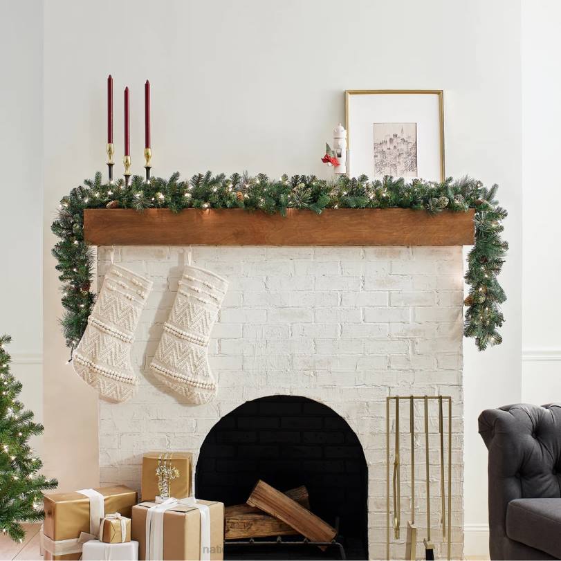 H4X0326National Tree Company Pre-Lit Artificial Christmas Garland, Green, Carolina Pine, White Lights, Decorated with Pine Cones, Plug In, Christmas Collection, 9 Feet