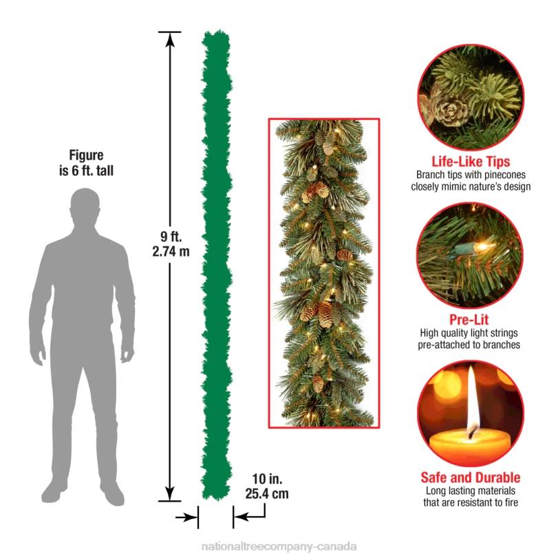 H4X0326National Tree Company Pre-Lit Artificial Christmas Garland, Green, Carolina Pine, White Lights, Decorated with Pine Cones, Plug In, Christmas Collection, 9 Feet