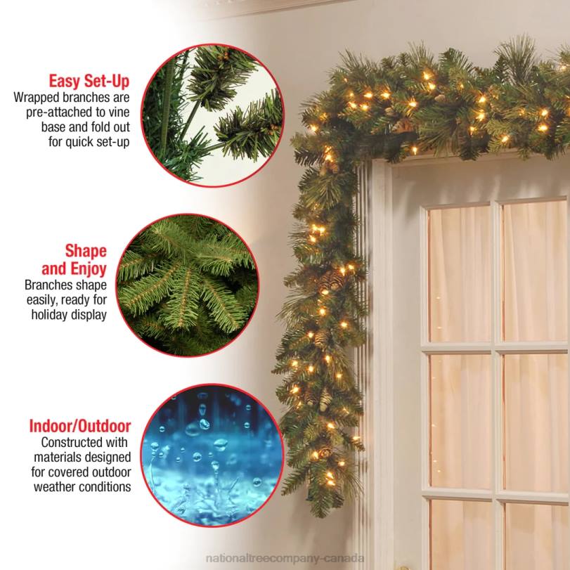 H4X0326National Tree Company Pre-Lit Artificial Christmas Garland, Green, Carolina Pine, White Lights, Decorated with Pine Cones, Plug In, Christmas Collection, 9 Feet