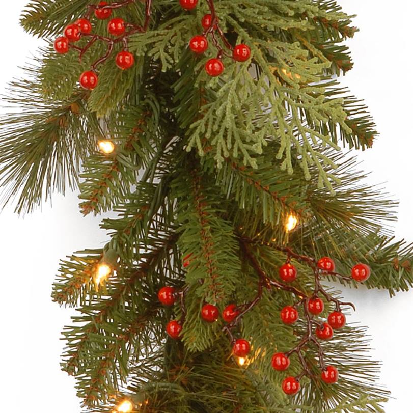 H4X0328National Tree Company Pre-Lit 'Feel Real' Artificial Christmas Garland, Green, Classical, White Lights, Decorated With Berry Clusters, Plug In, Christmas Collection, 9 Feet