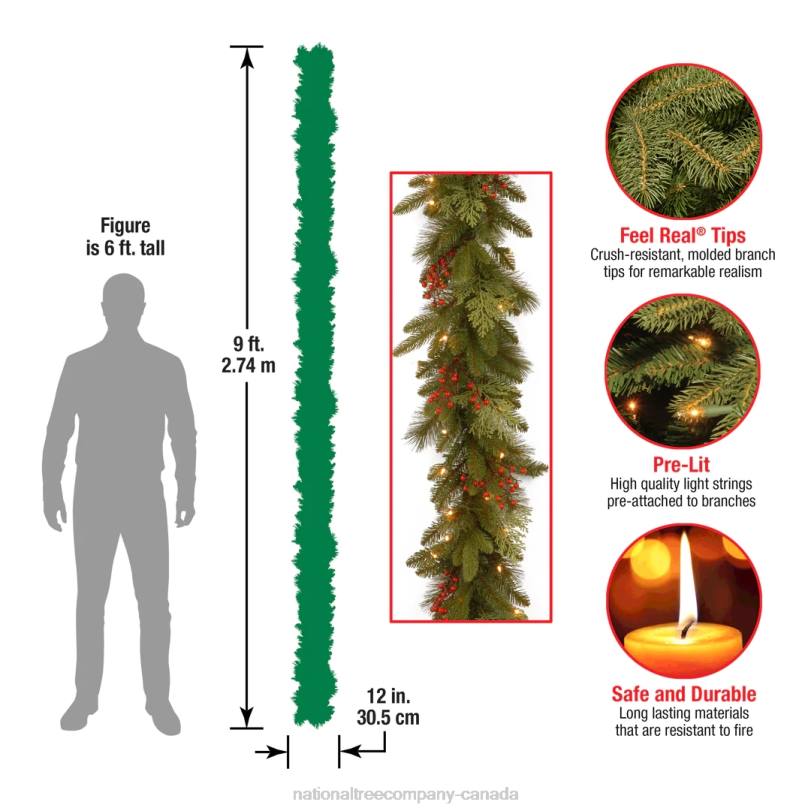 H4X0328National Tree Company Pre-Lit 'Feel Real' Artificial Christmas Garland, Green, Classical, White Lights, Decorated With Berry Clusters, Plug In, Christmas Collection, 9 Feet