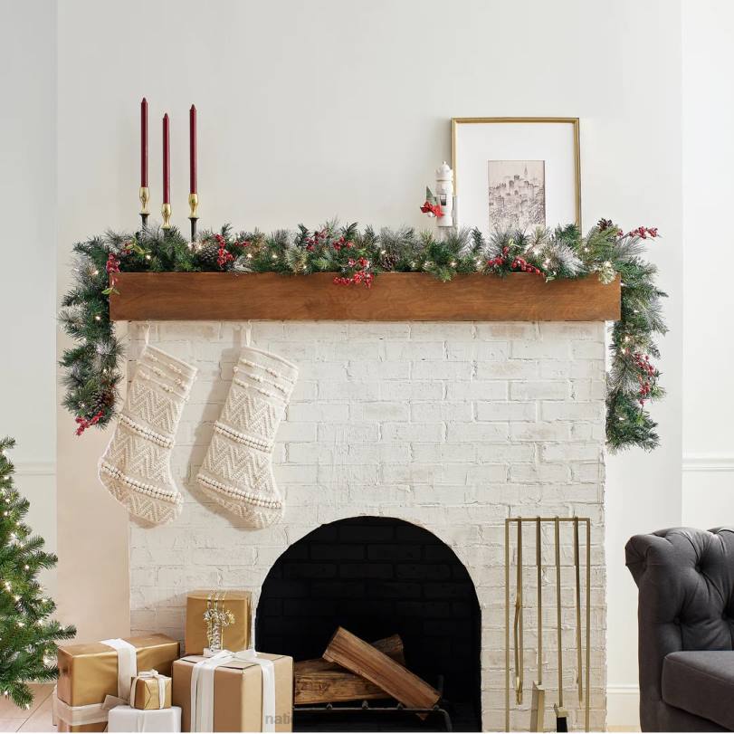 H4X0329National Tree Company Pre-Lit Artificial Christmas Garland, Green, Wintry Berry, White Lights, Decorated With Pine Cones, Berry Clusters, Frosted Branches, Plug In, Christmas Collection, 9 Feet