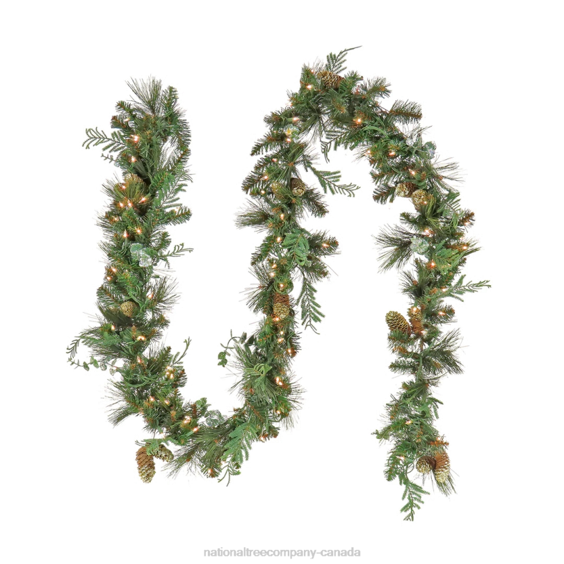 H4X0337National Tree Company First Traditions Collection, 9 ft Pre-Lit Artificial North Conway Garland with Glittery Cones and Eucalyptus, 100 Warm White LED Lights- Battery Operated with Timer