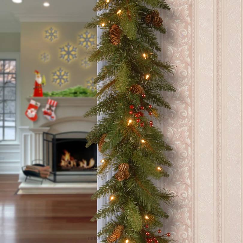 H4X0341National Tree Company Pre-Lit Artificial Christmas Garland, Green, Evergreen, White Lights, Decorated With Pine Cones, Berry Clusters, Plug In, Christmas Collection, 9 Feet