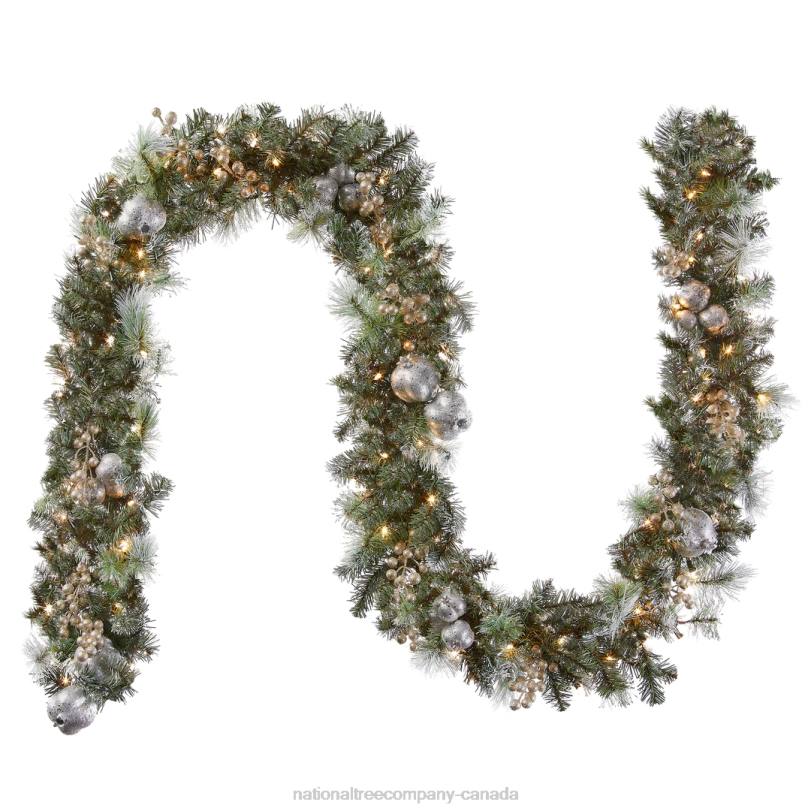 H4X0347National Tree Company Pre-Lit Artificial Christmas Garland, Green, Pomegranate Pine, White Lights, Decorated With Ball Ornaments, Berry Clusters, Plug In, Christmas Collection, 9 Feet