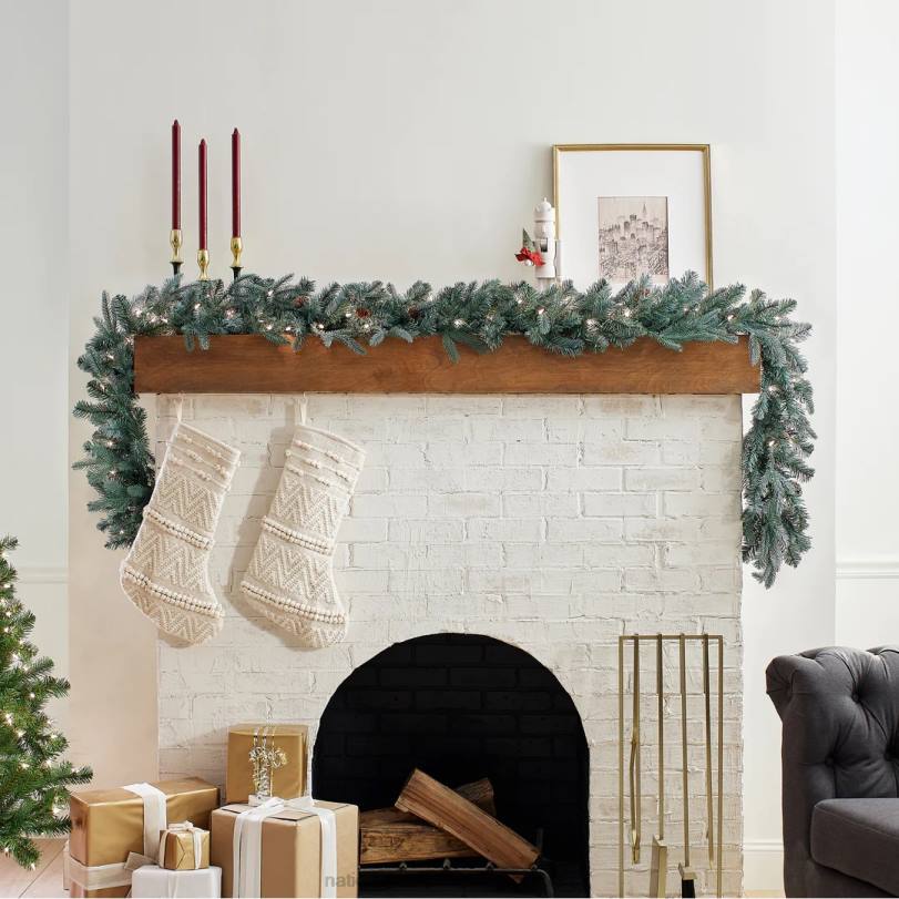 H4X0358National Tree Company Pre-Lit 'Feel Real' Artificial Christmas Garland, Green, Arctic Spruce, White Lights, Decorated With Pine Cones, Plug In, Christmas Collection, 9 Feet