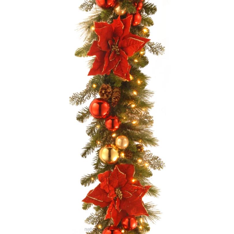 H4X0360National Tree Company Pre-Lit Artificial Christmas Garland, Green, Evergreen, White Lights, Decorated With Pine Cones, Ball Ornaments, Poinsettia Flowers, Plug In, Christmas Collection, 9 Feet