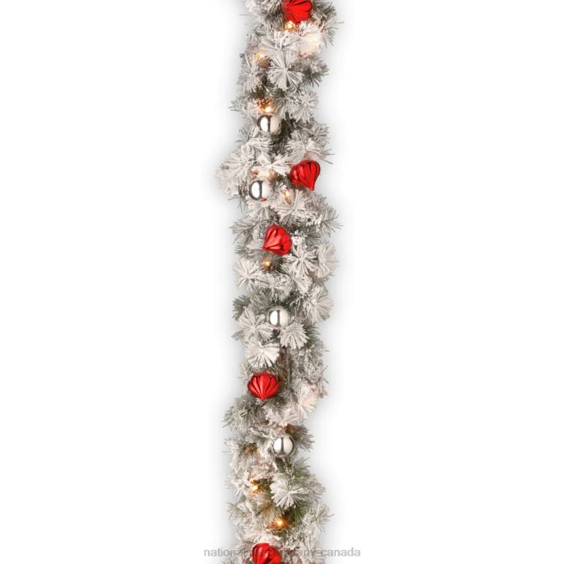 H4X0366National Tree Company Pre-Lit Artificial Christmas Garland, Green, Glittery Bristle Pine, White Lights, Decorated With Frosted Branches, Ball Ornaments, Plug In, Christmas Collection, 9 Feet