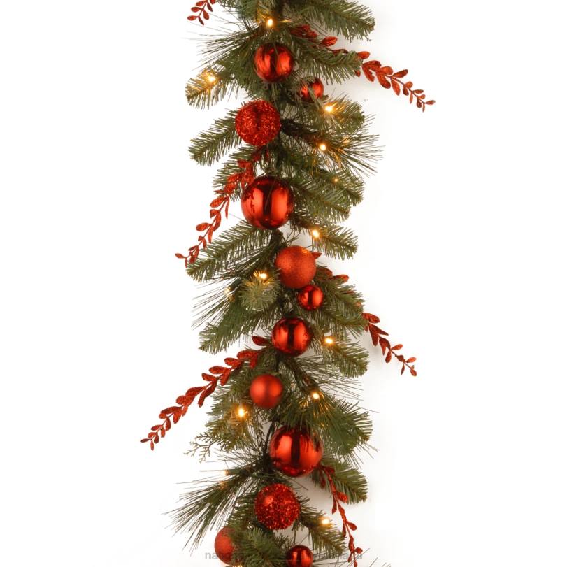 H4X0370National Tree Company Pre-Lit Artificial Christmas Garland, Green, Evergreen, White Lights, Decorated With Glittered Stems, Ball Ornaments, Battery Powered, Christmas Collection, 9 Feet