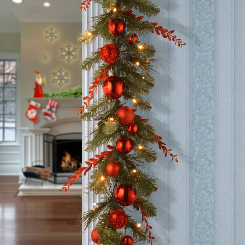 H4X0370National Tree Company Pre-Lit Artificial Christmas Garland, Green, Evergreen, White Lights, Decorated With Glittered Stems, Ball Ornaments, Battery Powered, Christmas Collection, 9 Feet