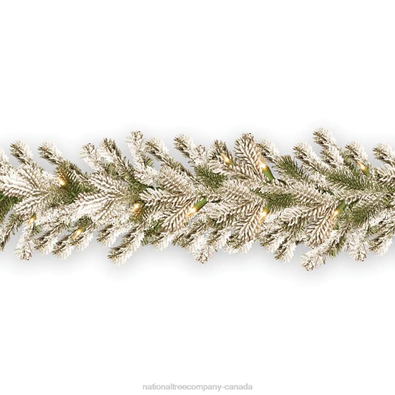 H4X0371National Tree Company Pre-Lit 'Feel Real' Artificial Christmas Garland, Green, Sheffield Spruce, White Lights, Decorated With Frosted Branches, Plug In, Christmas Collection, 9 Feet
