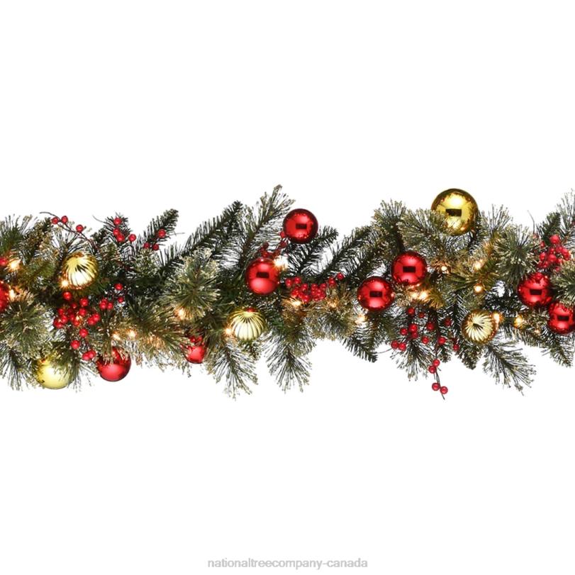 H4X0382National Tree Company Pre-Lit Artificial Christmas Garland, Green, Dakota Pine, White Lights, Decorated With Ball Ornaments, Berry Clusters, Frosted Branches, Plug In, Christmas Collection, 9 F