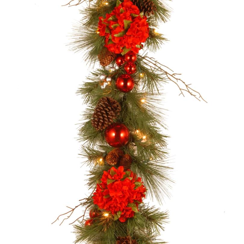 H4X0384National Tree Company 9 ft Hydrangea Garland with Battery Operated Warm White LED Lights