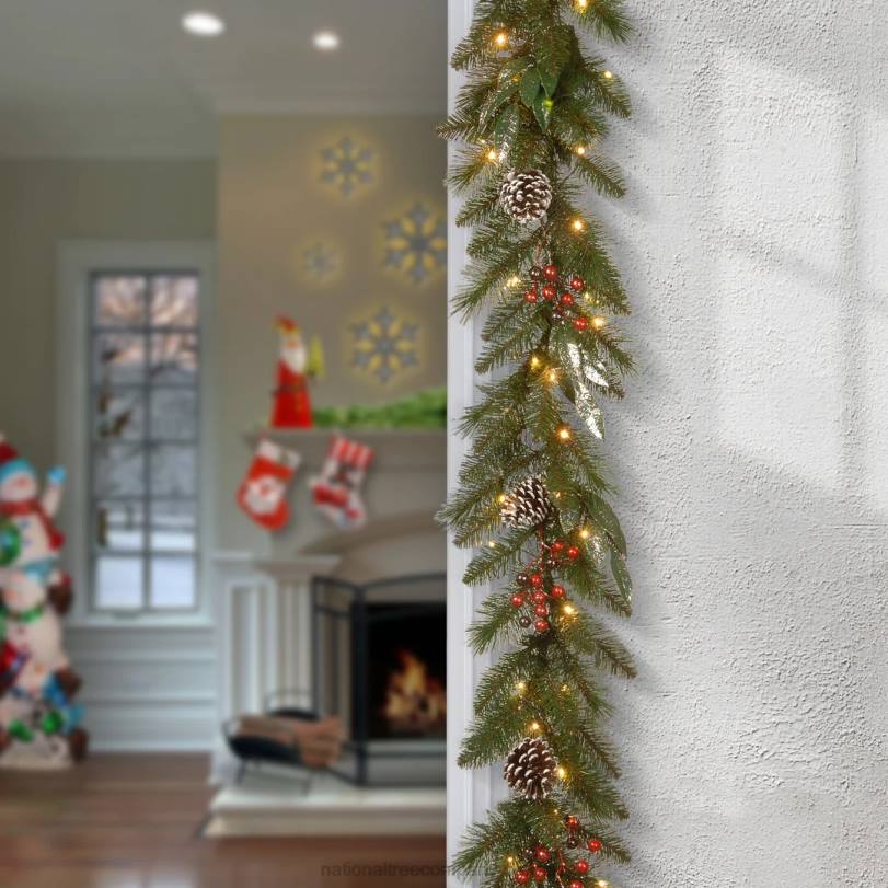 H4X0389National Tree Company Pre-Lit Artificial Christmas Garland, Green, Frosted Berry Pine, Decorated With Pine Cones, Ball Ornaments, Plug In, Christmas Collection, 9 Feet