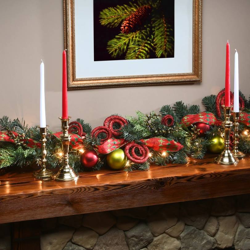 H4X0391National Tree Company Pre-Lit Artificial Christmas Garland, Green, Evergreen, Decorated With Berry Clusters, Ribbon, Ball Ornaments, Plug In, Christmas Collection, 9 Feet