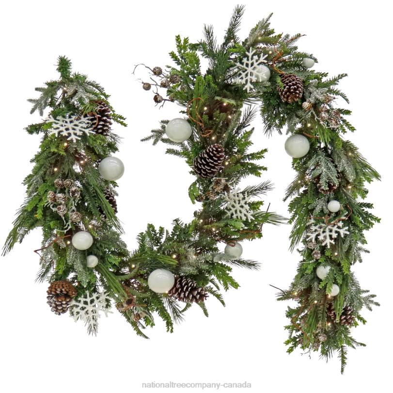 H4X0399National Tree Company Pre Lit Artificial Garland, Alpine, Green, Decorated with White Ball Ornaments, Snow Flakes, Berry Clusters, Warm White LED Lights, Battery Powered, Christmas Collection,