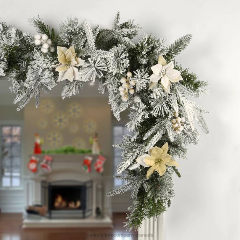 H4X0401National Tree Company Artificial Christmas Garland, Green, Colonial Fir, Decorated With Flowers, Berry Clusters, Frosted Branches, Christmas Collection, 9 Feet