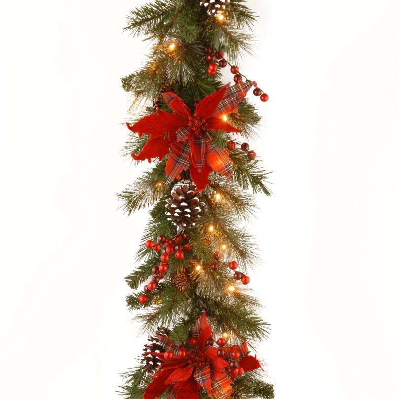 H4X0426National Tree Company Pre-Lit Artificial Christmas Garland, Green, Evergreen, White Lights, Decorated With Plaid Bows, Berry Clusters, Pine Cones, Plug In, Christmas Collection, 9 Feet