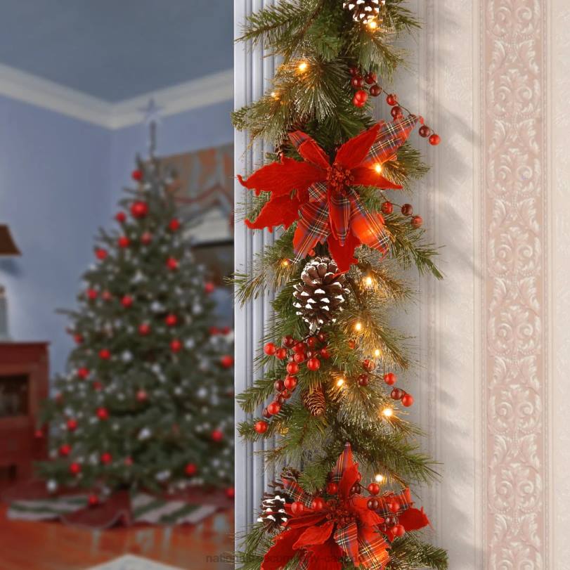 H4X0426National Tree Company Pre-Lit Artificial Christmas Garland, Green, Evergreen, White Lights, Decorated With Plaid Bows, Berry Clusters, Pine Cones, Plug In, Christmas Collection, 9 Feet