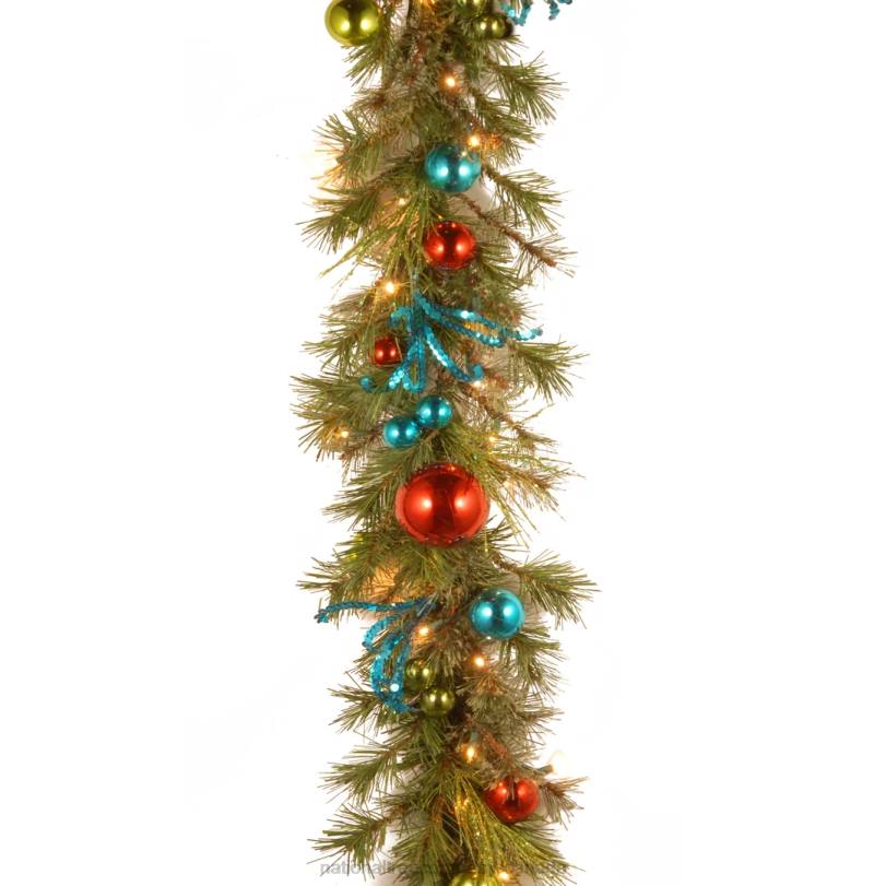 H4X0427National Tree Company Pre-Lit Artificial Christmas Garland, Green, Evergreen, Decorated With Berry Clusters, Ribbon, Ball Ornaments, Plug In, Christmas Collection, 9 Feet
