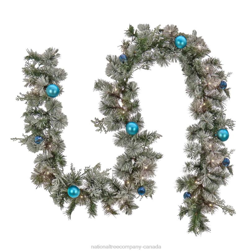 H4X0428National Tree Company Pre Lit Artificial Garland,Tinkham Pine, Green, Frosted, Decorated with Blue Ball Ornaments, Warm White LED Lights, Battery Powered, Christmas Collection, 9 Feet