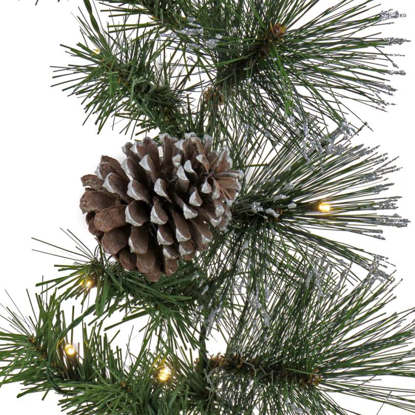 H4X0429National Tree Company Pre Lit Artificial Garland, Whitter Pine, Green, Decorated with Pine Cones, Silver Berry Clusters, Warm White LED Lights, Battery Powered, Christmas Collection, 9 Feet