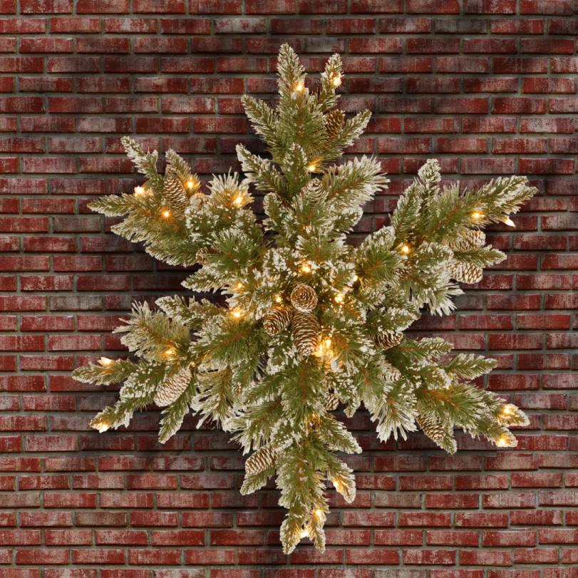 H4X0440National Tree Company Pre-Lit Artificial Christmas Star Wreath, Green, Glittery Bristle Pine, White Lights, Decorated with Pine Cones, Frosted Branches, Christmas Collection, 32 Inches