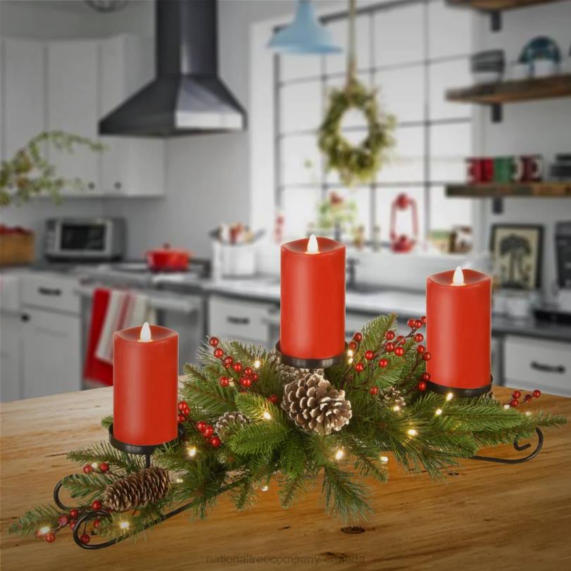 H4X0460National Tree Company 30in Battery Operated Bristle Berry Centerpiece with Three Candles