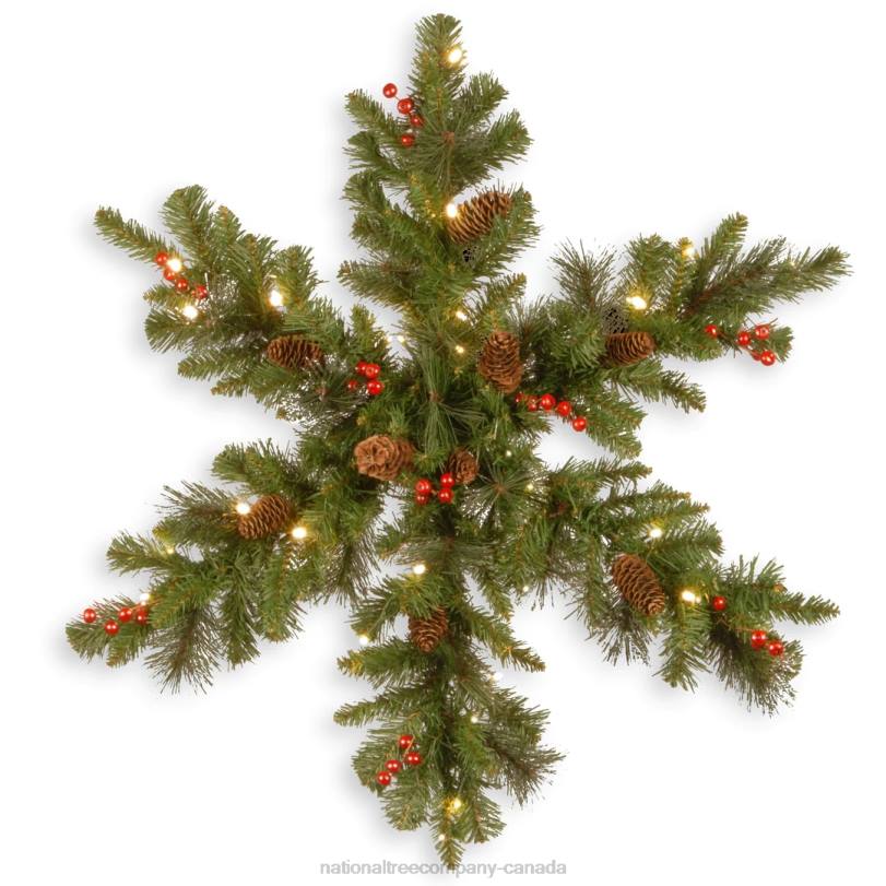 H4X0465National Tree Company Pre-Lit Artificial Christmas Hanging Snowflake, Green, Crestwood Spruce, Decorated with Pine Cones, Berry Clusters, Christmas Collection, 32 Inches