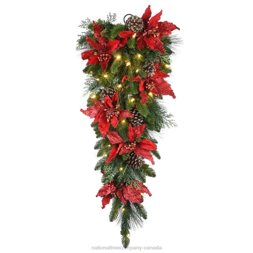 H4X0477National Tree Company Pre-Lit Artificial Christmas Teardrop, Green, Evergreen, White Lights, Decorated with Pine Cones, Poinsettia Flowers, Christmas Collection, 36 Inches
