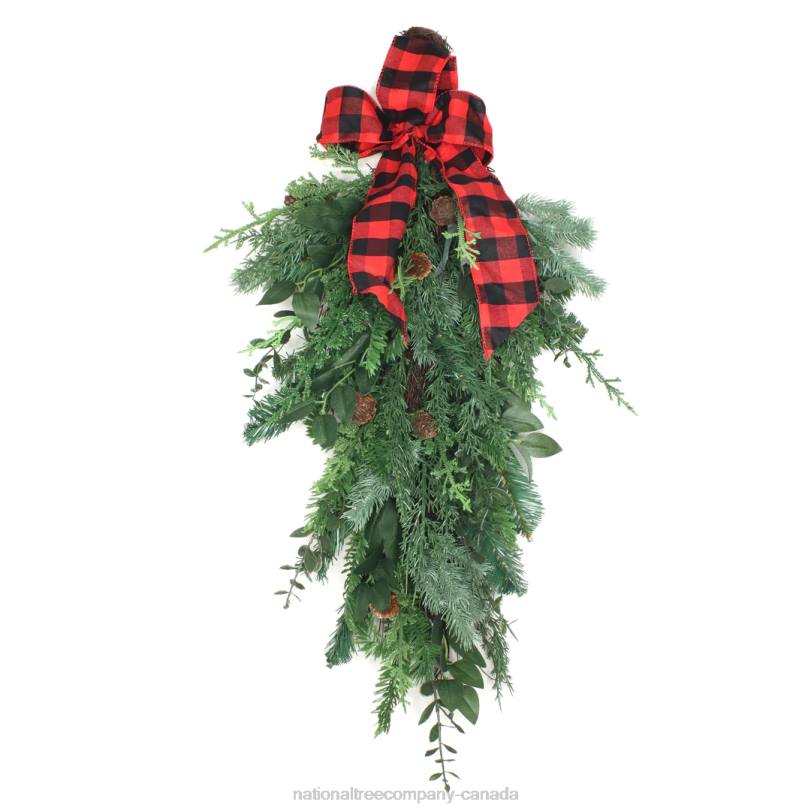 H4X0487National Tree Company Mixed Pine Christmas Teardrop with Plaid Bow, Pinecones, 30 in
