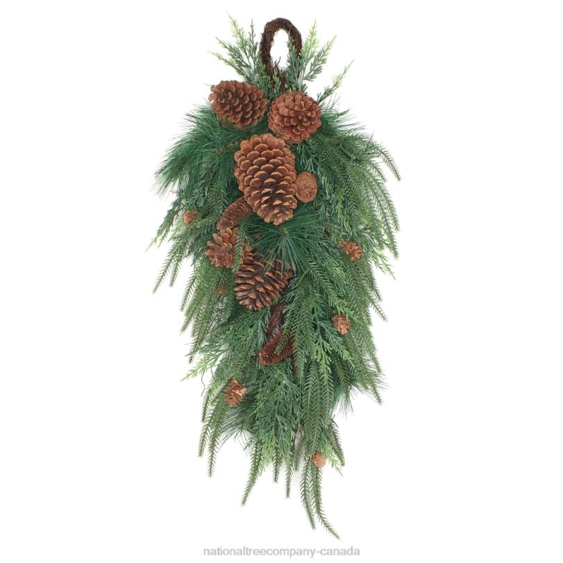 H4X0488National Tree Company Mixed Pine Christmas Teardrop with Cypress Tips, Pinecones, 32 in